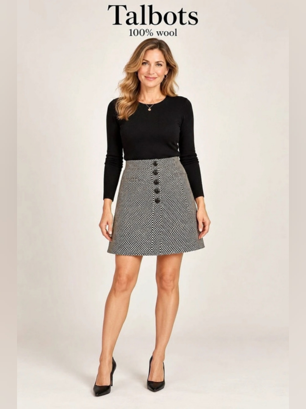 Talbots 100% Wool Houndstooth Mini Skirt in Black & White Sz 12
